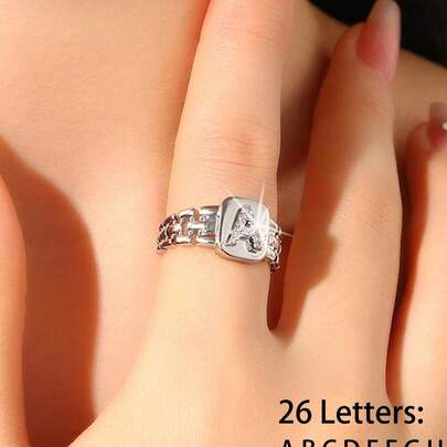 1 件闪亮锆石镶嵌 26 个字母首字母开口戒指，适合日常佩戴和活动