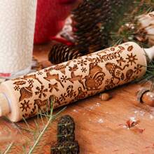 1pc Wooden Christmas Embossed Rolling Pin, Christmas Deer, Snowflakes, Snowman, Xmas Bells, Canes, Ice Boots Pattern Xmas Cookie Mold For Baking Tools Christmas Decorations Christmas Decor Christmas Gifts Christmas Party Supplies