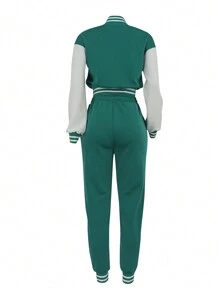 Women's Contrast Color Simple Long Sleeve Top And Pants 2pcs Set