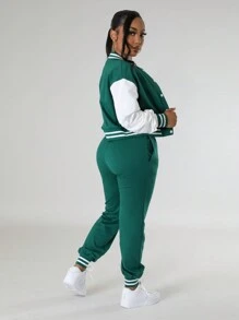 Women's Contrast Color Simple Long Sleeve Top And Pants 2pcs Set