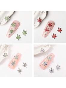 20 piezas Encantos de uñas de aleación con hojas de otoño 3D verde, rojo, plata, encantos de uñas, arte de uñas, rhinestones, encanto de hoja de arce, joyería de uñas, gemas brillantes, diseños de encantos de uñas de otoño de acción de gracias para mujeres, DIY para uñas acrílicas decoración uñas - Multicolor - Ver 3
