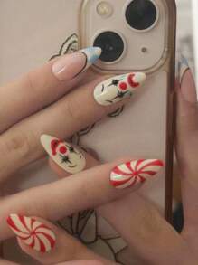 24 件白色哭泣小丑设计假指甲贴片按压式指甲 - 彩色 - 查看 1