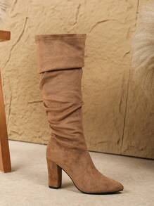 Women's Knee-High Boots, Chunky Heel, Commute, Outdoor Casual, Elegant, Brown, Versatile For Autumn/Winter, Slip-On Pointed Toe Boots, Ruched Boots