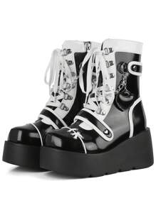 Punk Gothic Women Combat Boots Chunky Wedges Heel Lace Up Chain Ankle Cool Fashion Luxury Design Shoes Woman - Đen và trắng - Xem 5