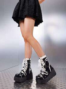 Punk Gothic Women Combat Boots Chunky Wedges Heel Lace Up Chain Ankle Cool Fashion Luxury Design Shoes Woman - Đen và trắng - Xem 3