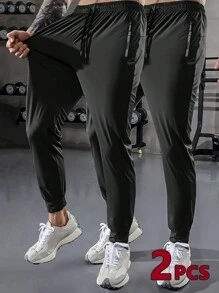 两件装男士时尚宽松运动裤，带拉链口袋，冰丝弹力速干面料，适合徒步、慢跑、骑行、户外健身，反光设计 - 黑色 - 查看 2