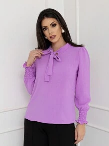 LAN FASHION Women's Formal Blouse Long Sleeves Bow Collar In Plain Dune Fabric - 淡紫色 - 查看 3