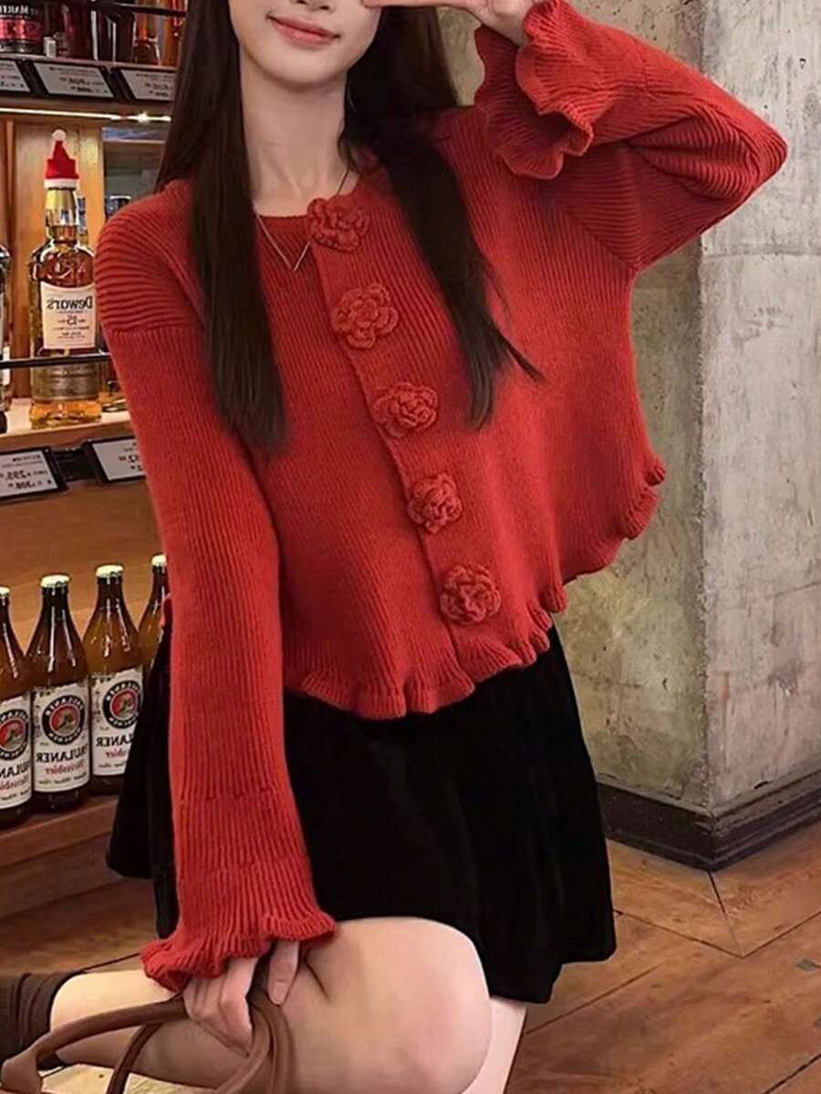 JIANHU 春季新款碎花纽扣毛边针织开衫,女士宽松甜美优雅外套,百搭长袖毛衣 - 紅色 - 查看 1