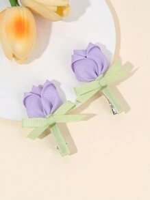 2pcs/Set Girls Pink Rose Bow Hair Clips, Satin Hair Barrettes, Sweet Children Hair Accessories - Multicolor - View 3