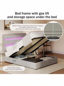 Cama de almacenamiento de tamaño queen con luz LED RGB, cama de plataforma tapizada en terciopelo con marco de almacenamiento hidráulico con cabecero y piecero, sin necesidad de caja de resortes, fácil montaje (Beige, Queen) - Gris - Ver 5