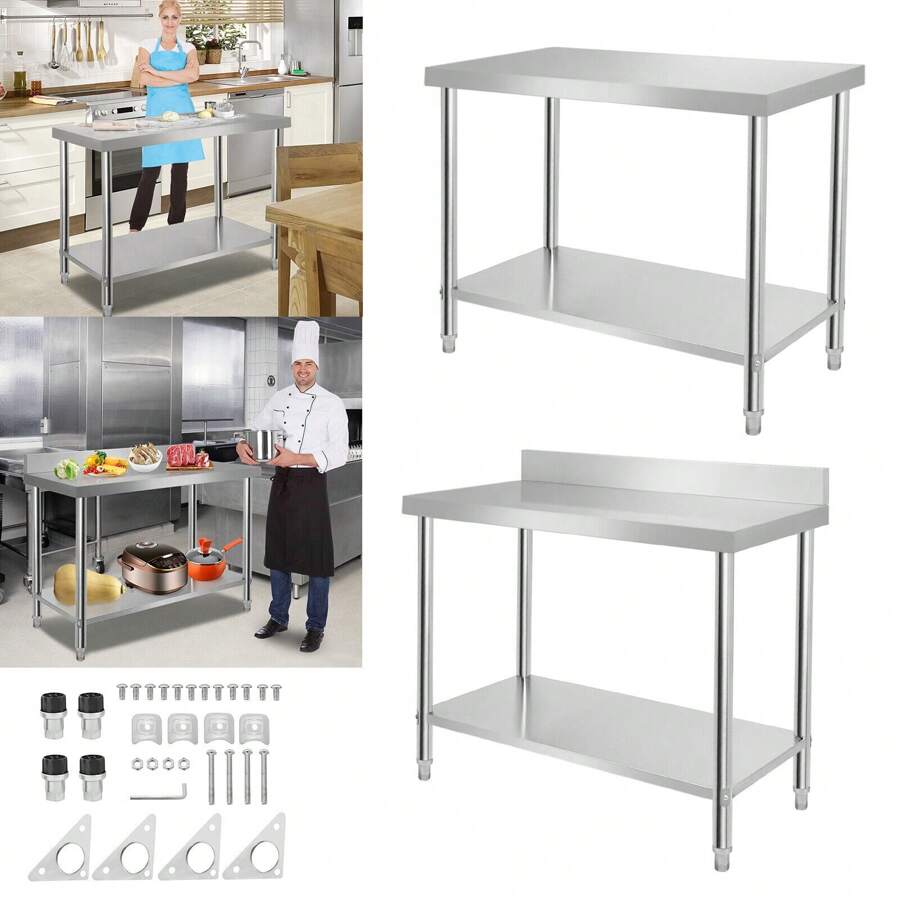 VA-Cerulean Stainless Steel Work Table 100 X 60 X 85 Cm/120 X 60 X 85 Cm Without Upstand/With Upstand Kitchen Table Cutting Table With Extra Large Lower Shelf, Stainless Steel Table Kitchen Table With Adjustable Feet - 銀色 - 查看 1