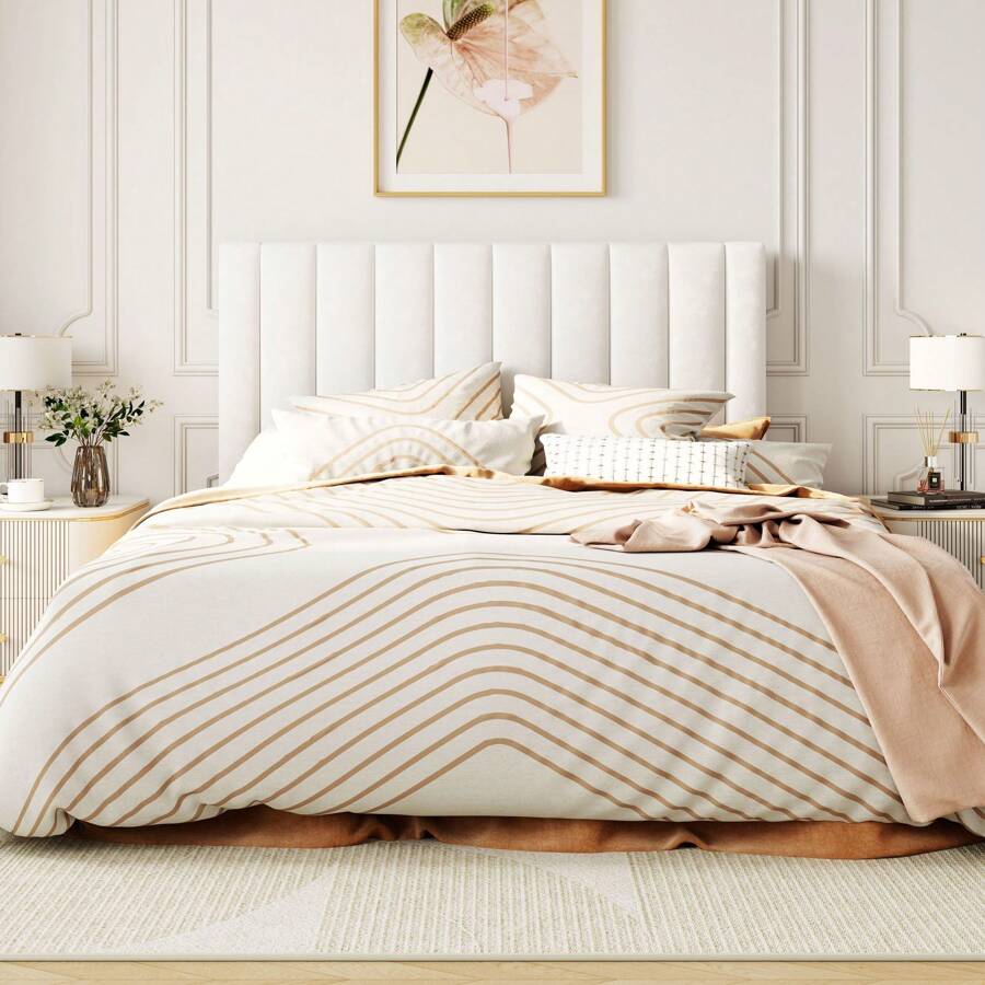 Platform Bed Frame With Velvet Upholstered Plush Vertical Channel Headboard, Full/Queen/King Size, No Box Spring Needed, Easy Assembly, White/Black/Pink/Blue/Green * Bed Frame Queen Queen Bed Frame Bed Frame Full Full Size Bed Frame King Size Bed Frame Twin Bed Frame Room Decor Home Decor Christmas Decor Bedroom Decor Valentine Day Decor Storage Living Room Decor Furniture House Decor - 白色 - 查看 1