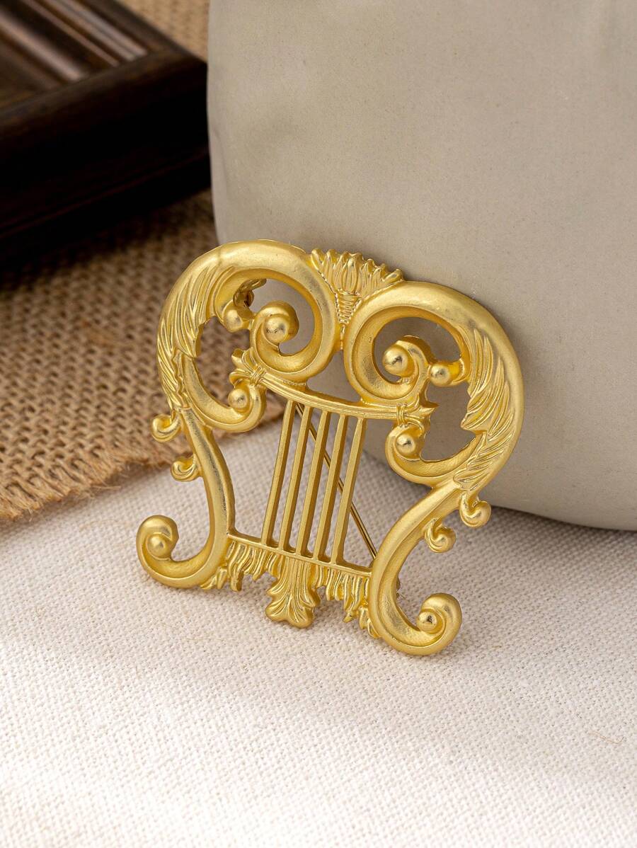 1 件复古哑光金色古典竖琴形翻领别针胸针时尚配饰 - 金黃色 - 查看 1