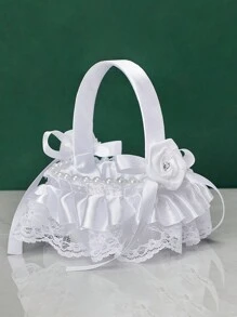 1pc Wedding Flower Girl Basket Mini Lace, Feather, And Flower Basket With Handle For Wedding, White Lace Flower Basket Used As Photography Prop And Wedding Accessories Jewelry Flower Basket - Multicolor - View 18