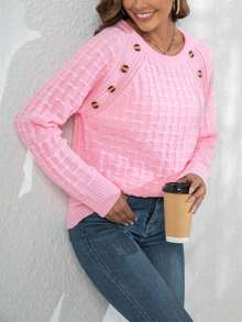 Women Casual Round Neck Button Cable Knit Long Sleeve Solid Color Pullover Sweater, Autumn Winter - Pink - View 5