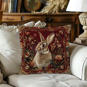 1 件红色复古兔子莫里斯风格靠垫套，单面印花珊瑚绒材料，45 * 45CM/50 * 50CM 枕套适用于现代简约沙发客厅装饰，礼物