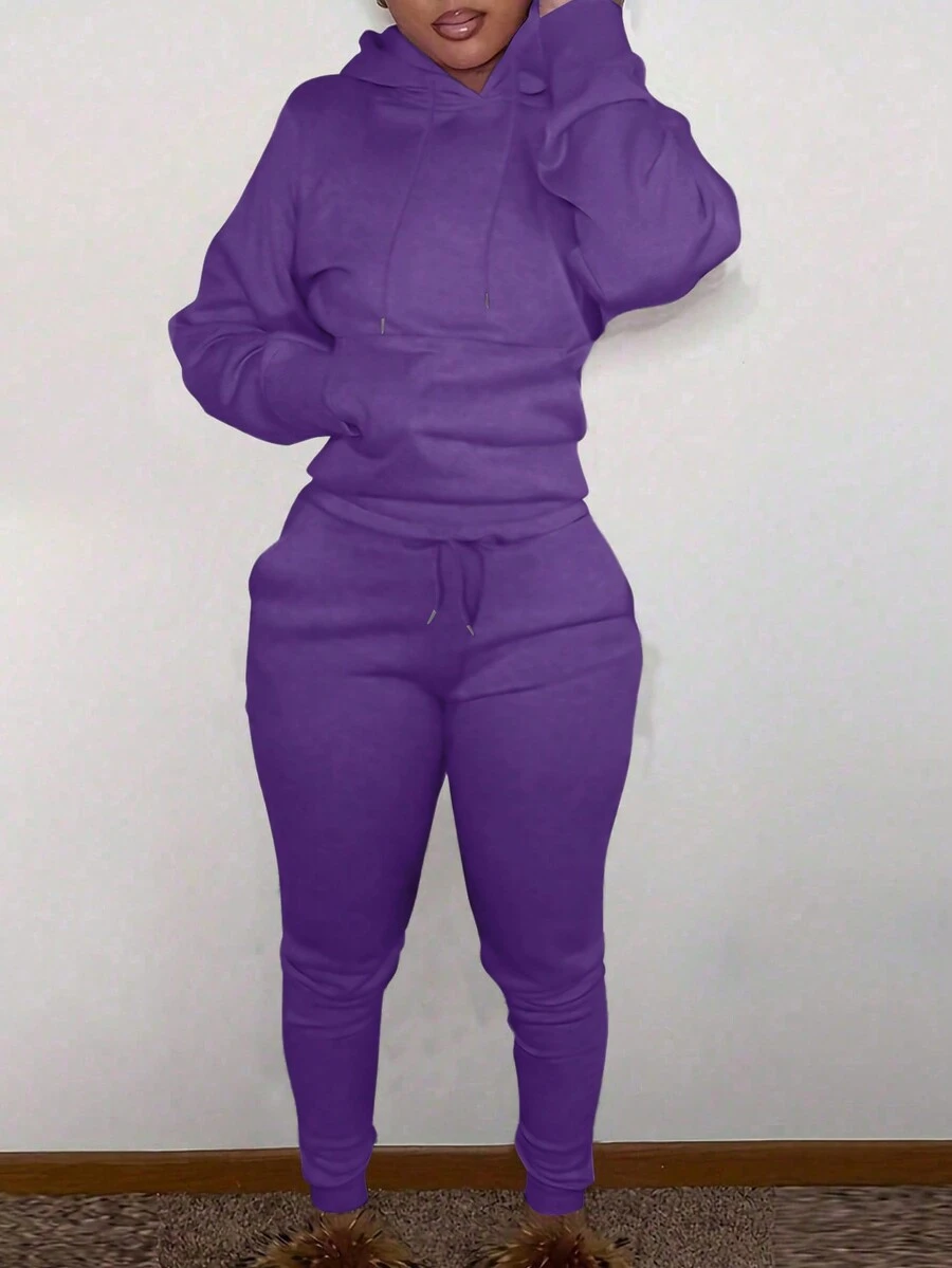 LovelyWholesale Women's Hooded Long Sleeve Pocket Solid Color Casual Daily Wear Top And Pants Set, Spring Outfit - Purple - View 1