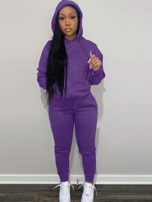 LovelyWholesale Women's Hooded Long Sleeve Pocket Solid Color Casual Daily Wear Top And Pants Set, Spring Outfit - Purple - View 7