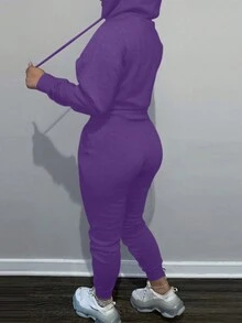 LovelyWholesale Women's Hooded Long Sleeve Pocket Solid Color Casual Daily Wear Top And Pants Set, Spring Outfit - Purple - View 6