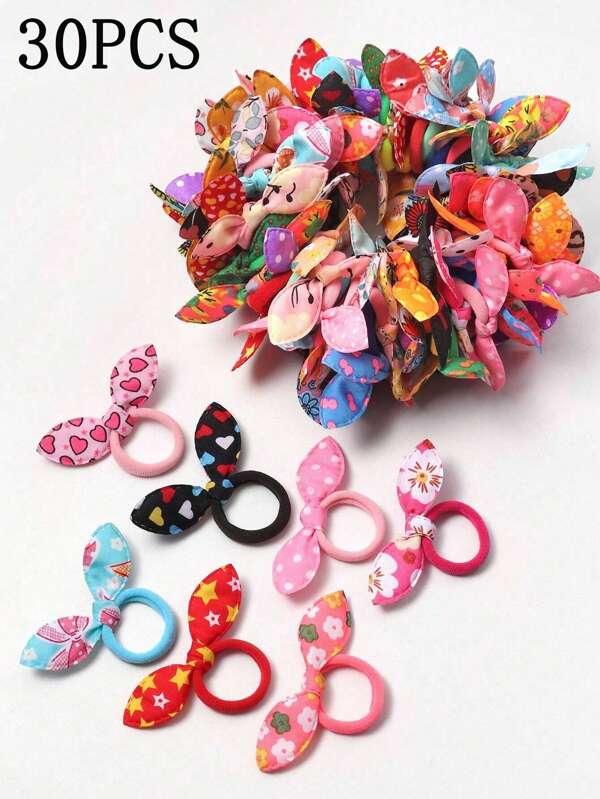 30pcs Rabbit Ear Headbands For Girls With Cute Bowknot, Elastic Hair Ties (Random Color And Design)