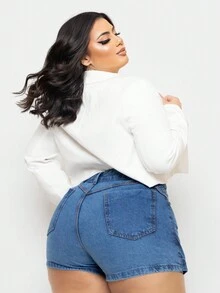 Short Skirt Plus Size Front Buttons Tidy High Waist - Rửa trung bình - Xem 4