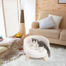 BingoPaw Cat Sofa Chair Bed, Elevated Nordic Pet Stool Bed With Removable Waterproof Mat, Raised Plush Fur Dog Kitten Couch With Wooden Legs Frame - White - View 10