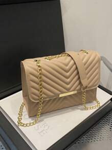 时尚纯色绗缝链条单肩包 - 卡其色 - 查看 3