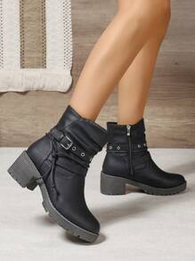 黑色拉链侧铆钉绑带不对称粗跟圆头优雅百搭秋冬时尚女靴，完美搭配毛衣和牛仔靴 - 黑色 - 查看 5