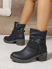 黑色拉链侧铆钉绑带不对称粗跟圆头优雅百搭秋冬时尚女靴，完美搭配毛衣和牛仔靴 - 黑色 - 查看 7