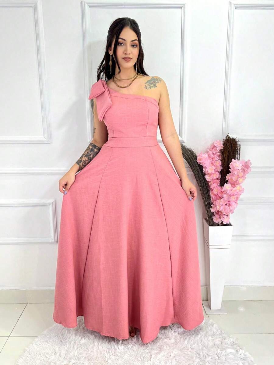 Long Luxury Plain Duna Linen Dress With Bow One Shoulder - Rusty Rose - View 1