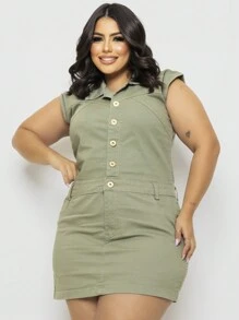 Plus Size Denim Dress With Lycra - màu xanh lá - Xem 1