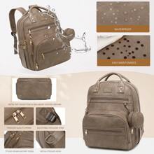 Vegan Leather Diaper Bag Backpack With Changing Pad And Pacifier Holder, Multi-Functional Baby Bag For Boy Girl, Waterproof For Travel, Perfect Baby Shower Gifts For Mom, Dad, Newborn - màu nâu sẫm - Xem 4
