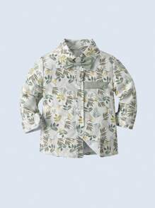 BOARNSEORL 年轻男孩绅士装花衬衫长袖搭配领结和绿色吊带裤，时尚适合生日派对、婚礼、周年庆典 - 綠色 - 查看 5