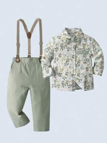 BOARNSEORL 年轻男孩绅士装花衬衫长袖搭配领结和绿色吊带裤，时尚适合生日派对、婚礼、周年庆典 - 綠色 - 查看 1