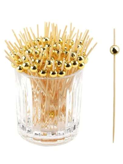 100 PCS Picks, Fancy Toothpicks For Appetizers Picks, Handmade Bamboo Skewers For Appetizers Fruit Party, Gold Faux Pearl Food Picks Charcuterie Accessories