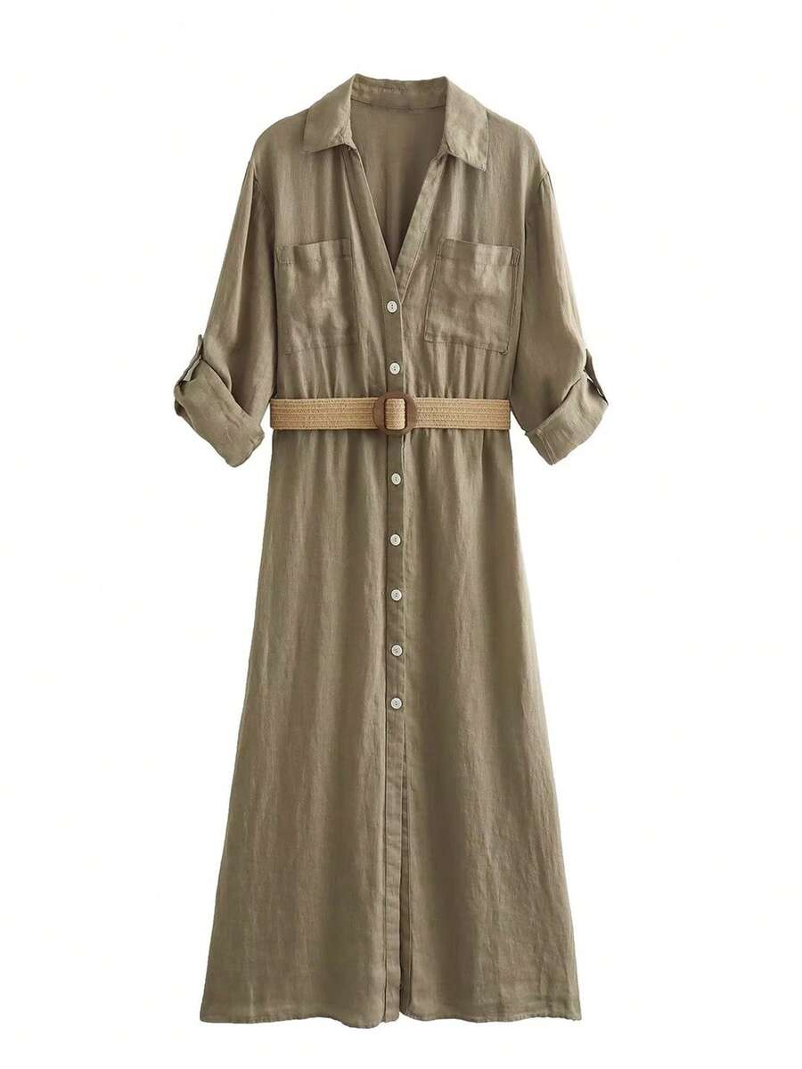 亚麻纯色连衣裙，配有口袋、腰带、翻领和卷袖 - 軍綠色 - 查看 1