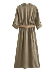 亚麻纯色连衣裙，配有口袋、腰带、翻领和卷袖 - 軍綠色 - 查看 2