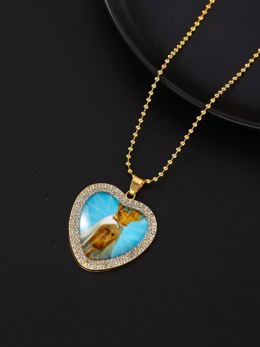 1 件时尚男士项链，复古可爱心形水钻合金，生日/节日礼物 - 愛心吊墜項鍊 - 查看 1