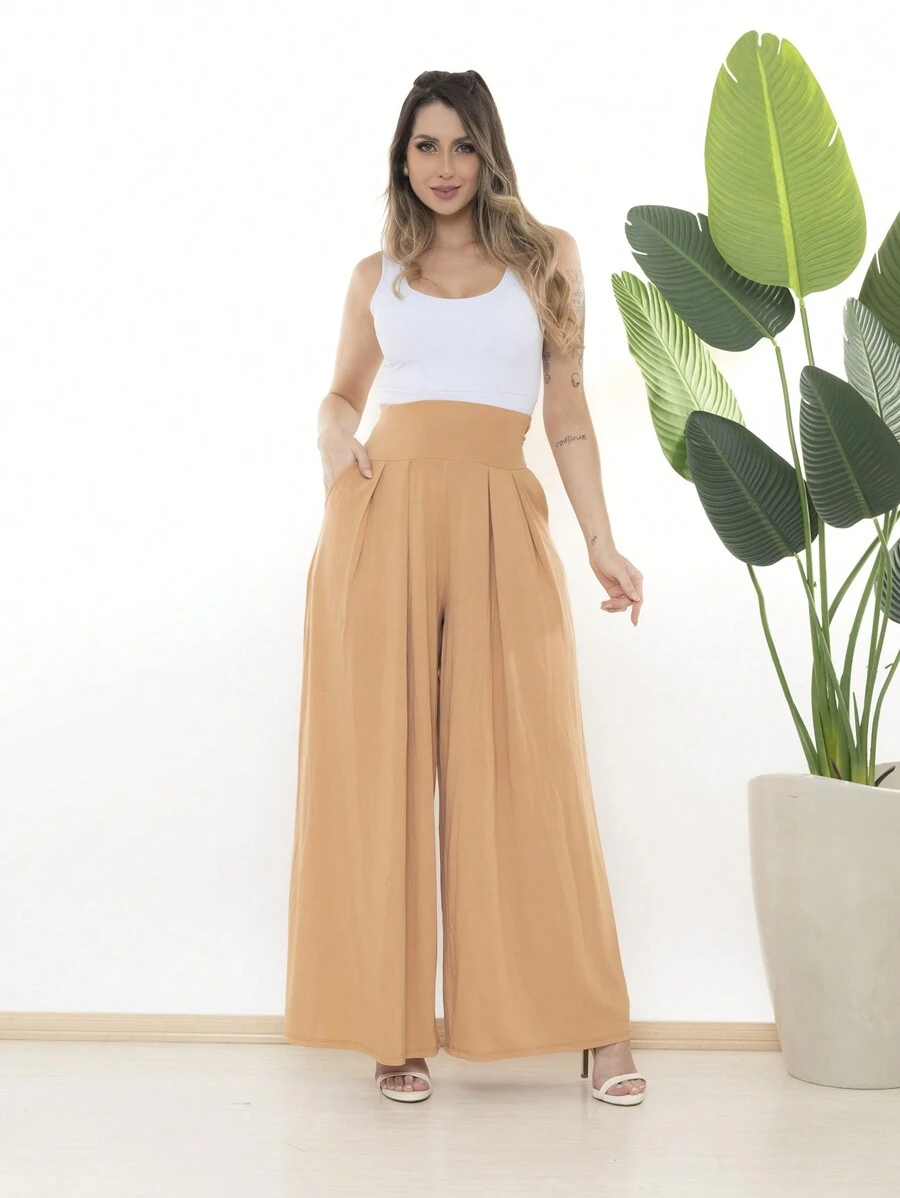 Loose Wide Leg Pantalona Pants Viscolycra Mesh Wide Waistband High Waist Pleats - Krem - View 1