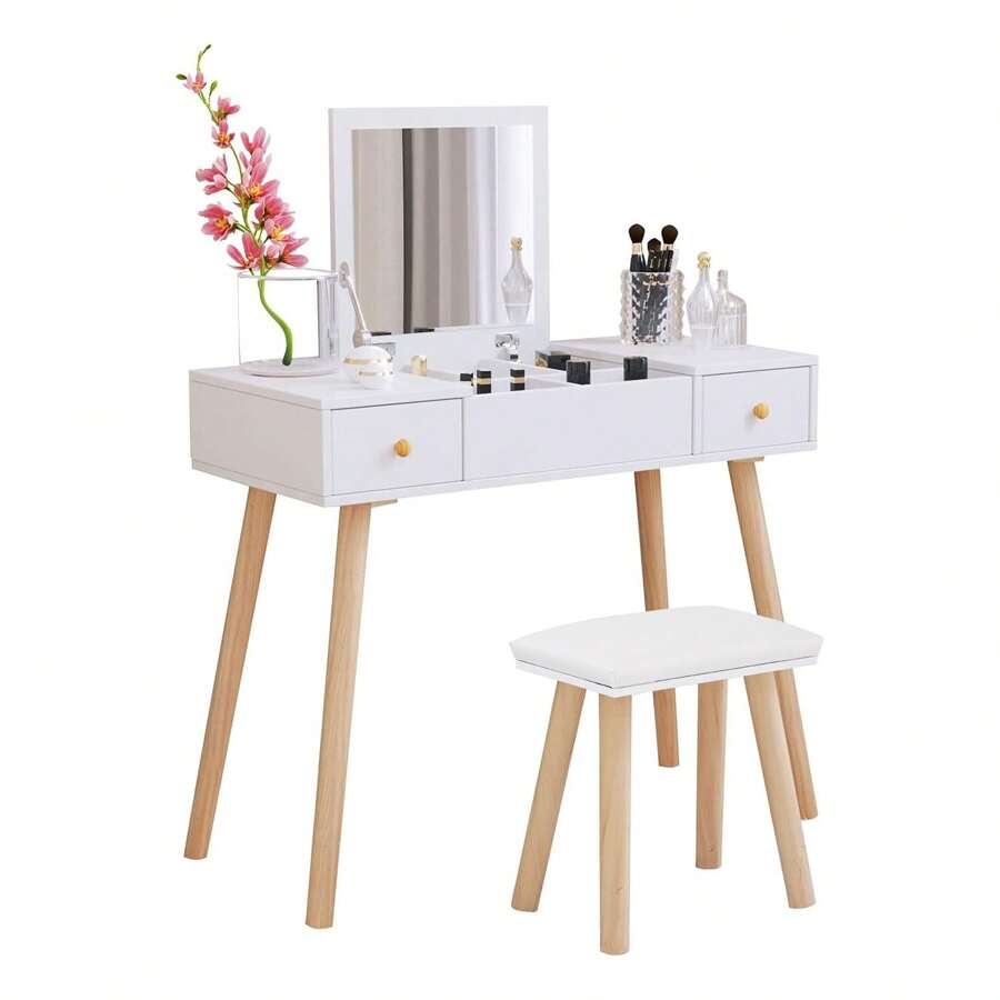 White Dressing Table With Flip Up Mirror, Vanity Makeup Table Set With 2 Drawers, Stool And Storage Units For Bedroom - White - View 1