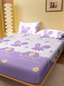 1pc Cute Cartoon Rabbit Pattern Printed Brushed Fitted Sheet, Bedroom Bedspread, Bedding Set (Pillow Case Not Included) - Multicolor - View 3