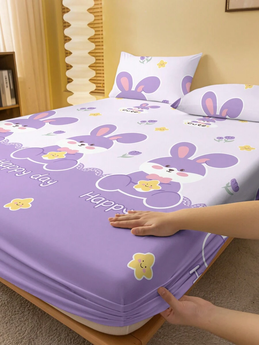 1pc Cute Cartoon Rabbit Pattern Printed Brushed Fitted Sheet, Bedroom Bedspread, Bedding Set (Pillow Case Not Included) - Multicolor - View 1