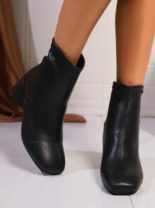 Botas plataforma femininas de outono de 2024, botas de tornozelo elásticas antiderrapantes com bico quadrado versáteis, sexy e elegante para a escola, passeios e encontros - Preto - Ver 2