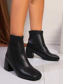 Botas plataforma femininas de outono de 2024, botas de tornozelo elásticas antiderrapantes com bico quadrado versáteis, sexy e elegante para a escola, passeios e encontros - Preto - Ver 4