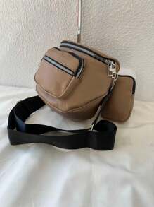 Women's Bag Kit With A Coin Purse Crossbody Bag Large Stylish Modern Blogger With Wide Strap In Pure Black - Camel - View 3