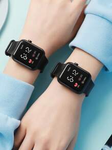 2 piezas Reloj cuadrado de números con correa negra y esfera negra, adecuado para la vida diaria - Negro - Ver 3
