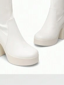 Women's Platform Chunky Heel Knee-High Boots Square Toe Fashionable Solid Color Y2K GoGo Boots - White - View 9