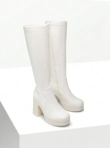 Women's Platform Chunky Heel Knee-High Boots Square Toe Fashionable Solid Color Y2K GoGo Boots - White - View 7