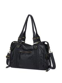 New Women's Handbag, Washed Fabric Tote Bag, Large Capacity, Perfect For Back To School, College, High School, Workplace - Black - View 3