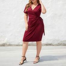 Womens Plus Size V Neck Short Sleeve Ruched Wrap Dress Cocktail Party Midi Dresses - 酒紅色 - 查看 4